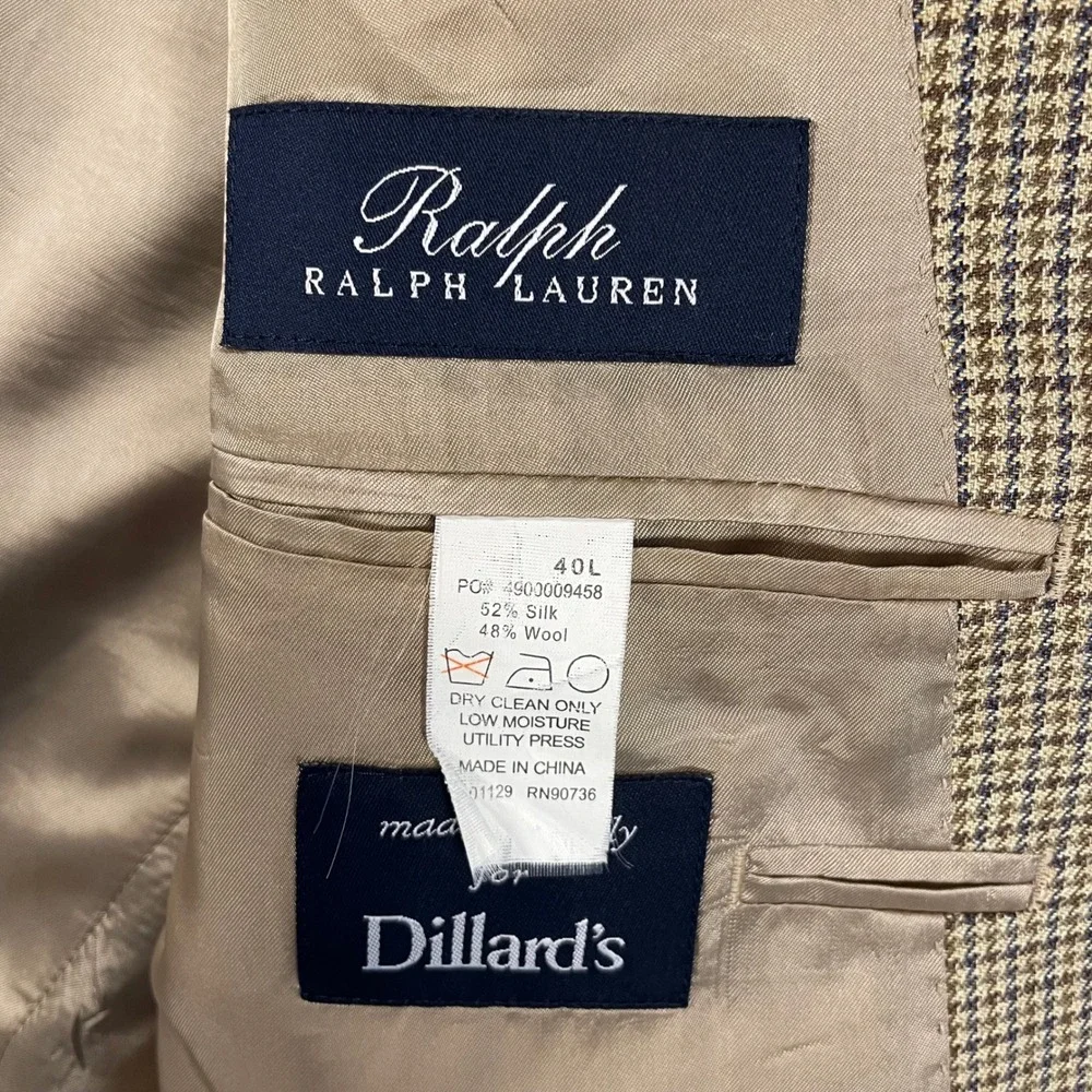Ralph Ralph Lauren Mens 40L Silk Wool Houndstooth Sport Coat Blazer Tan Brown